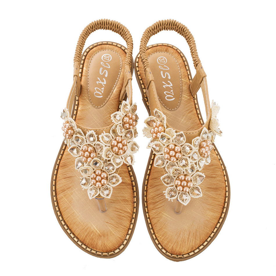 Women’s Bohemian Floral Thong Sandals with Low Wedge Heel