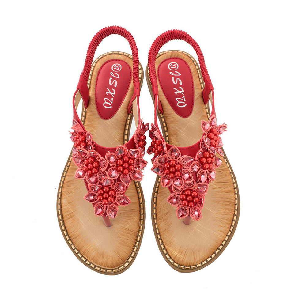 Women’s Bohemian Floral Thong Sandals with Low Wedge Heel