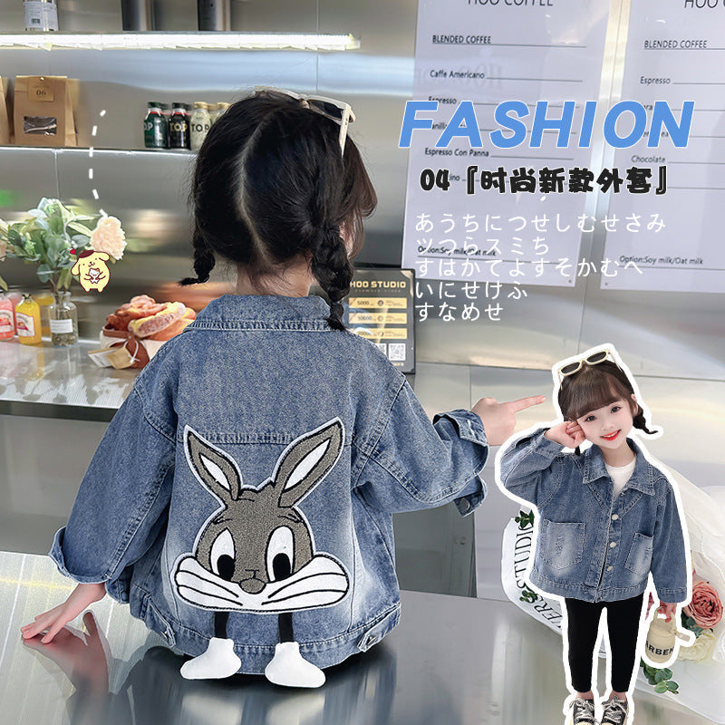 Girls' Loose Fit Pearl & Bow Embroidered Denim Jacket