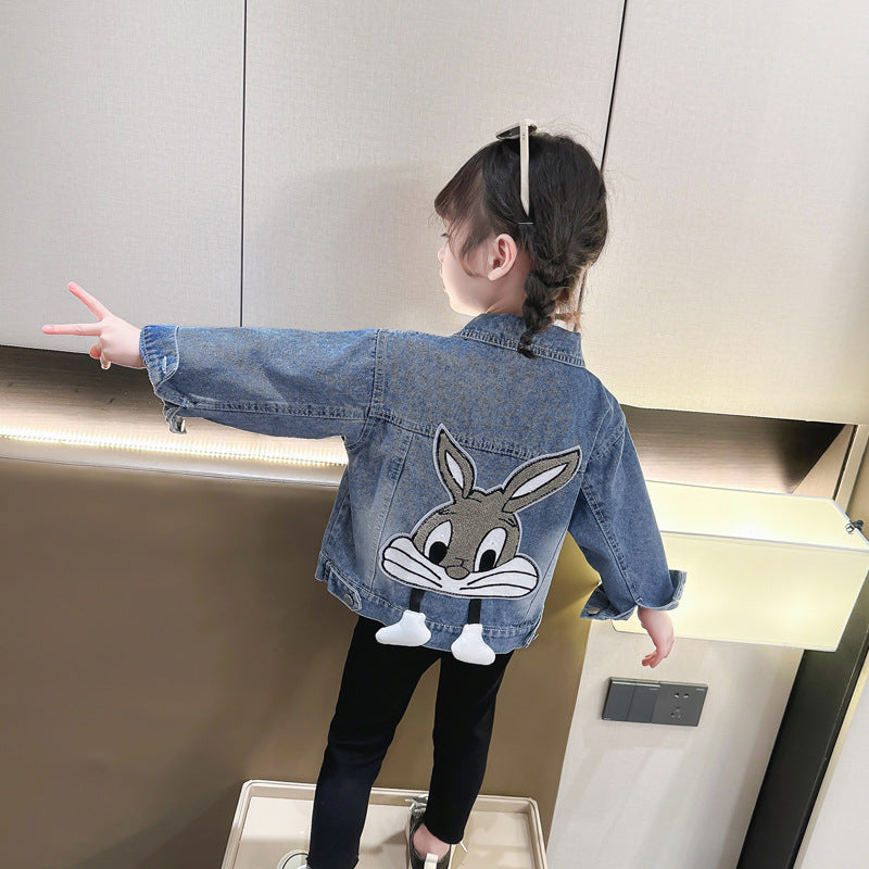 Girls' Loose Fit Pearl & Bow Embroidered Denim Jacket