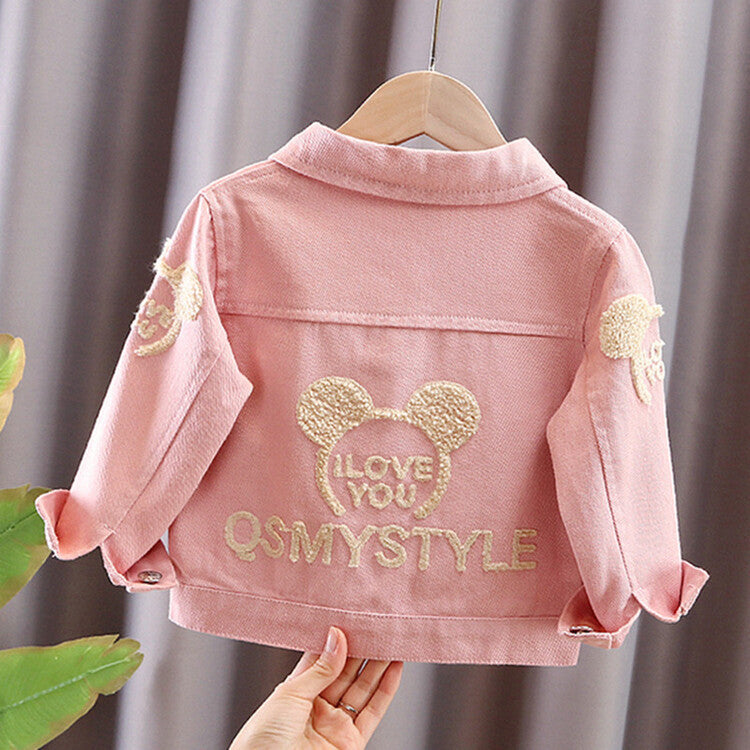 Girls' Pink Cartoon Towel Embroidered Denim Jacket