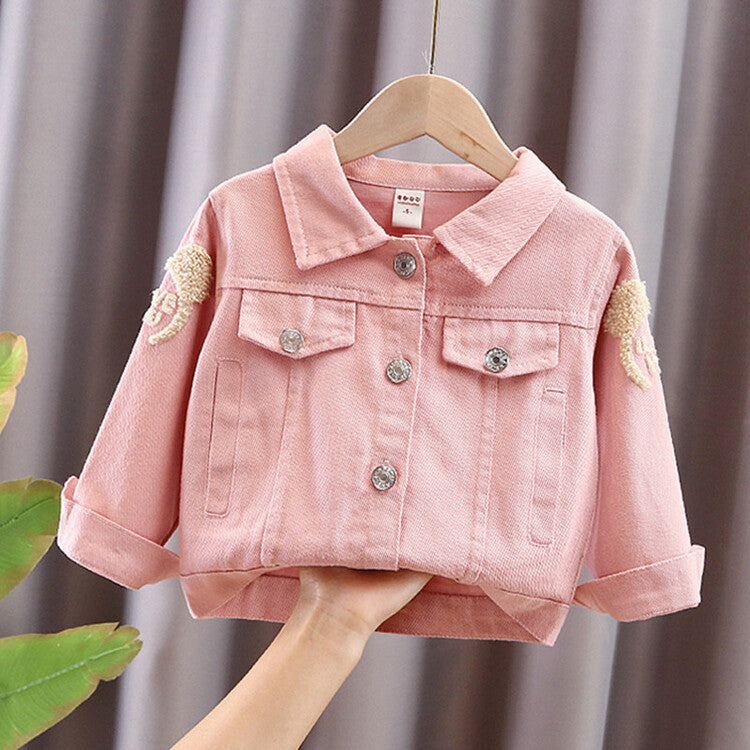 Girls' Pink Cartoon Towel Embroidered Denim Jacket