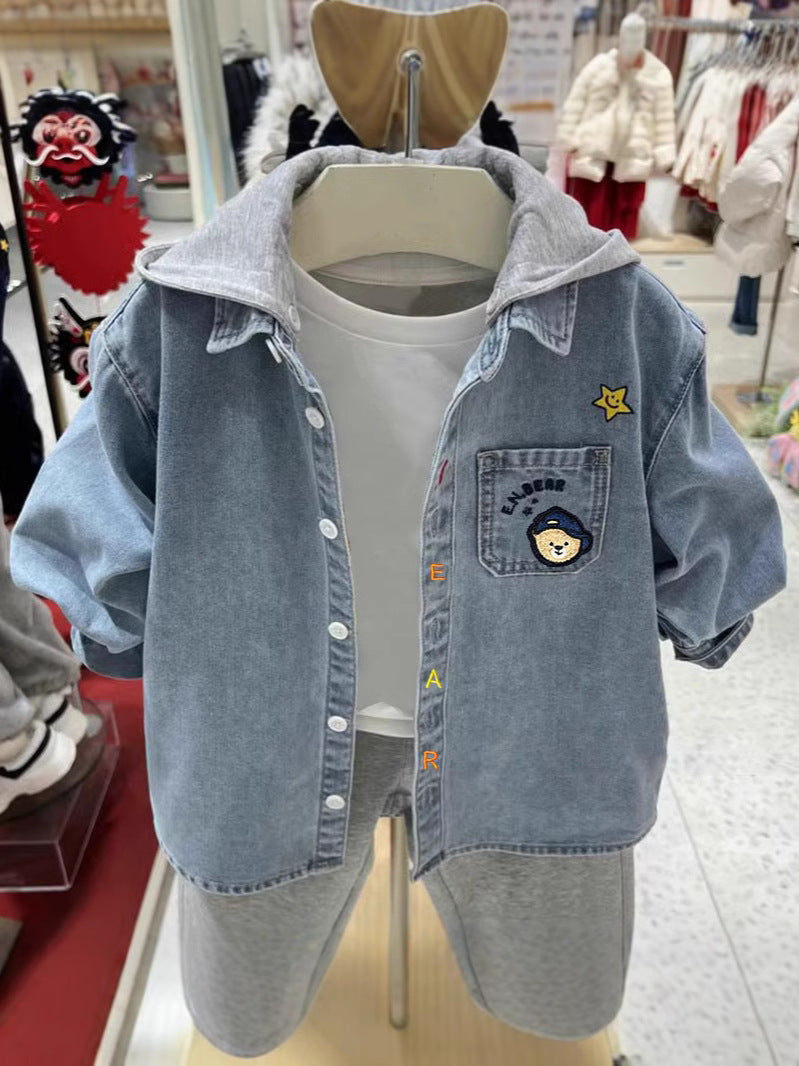 Boys' Washed Blue Denim Hooded Jacket