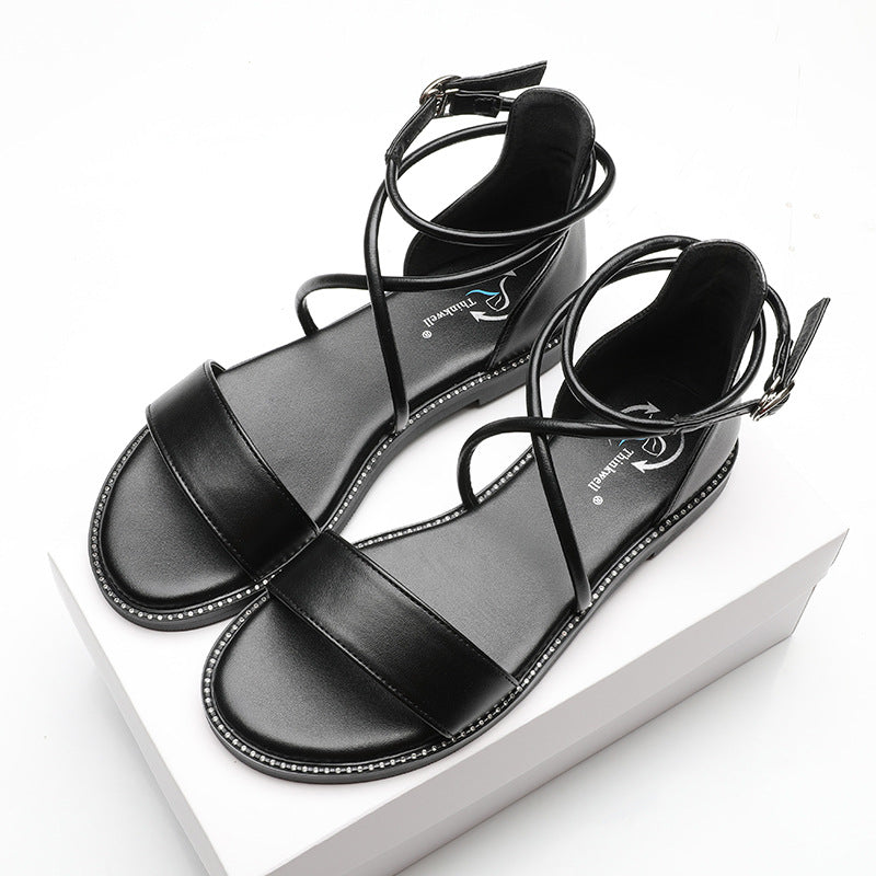 Women’s Suede Cross-Strap Flat Sandals with Rhinestone Detail