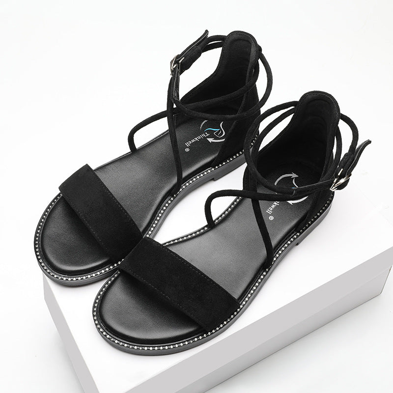 Women’s Suede Cross-Strap Flat Sandals with Rhinestone Detail