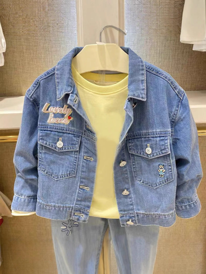 Girls' Washed Blue Printed Denim Jacket