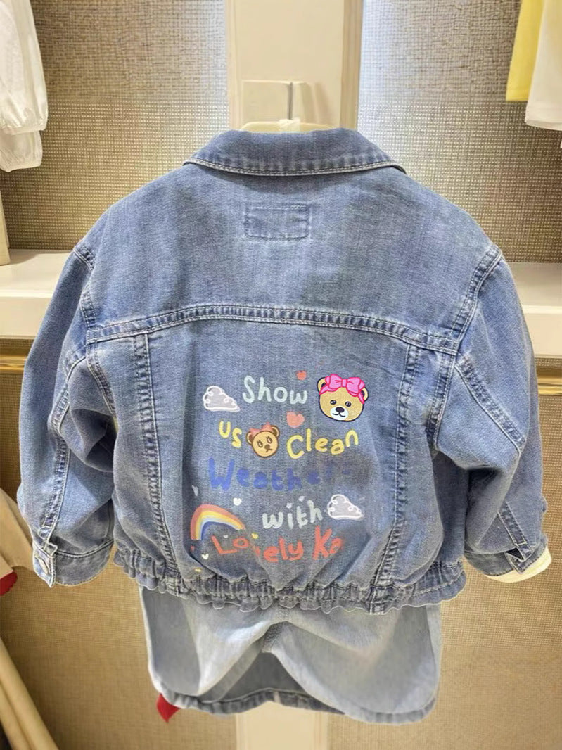 Girls' Washed Blue Printed Denim Jacket