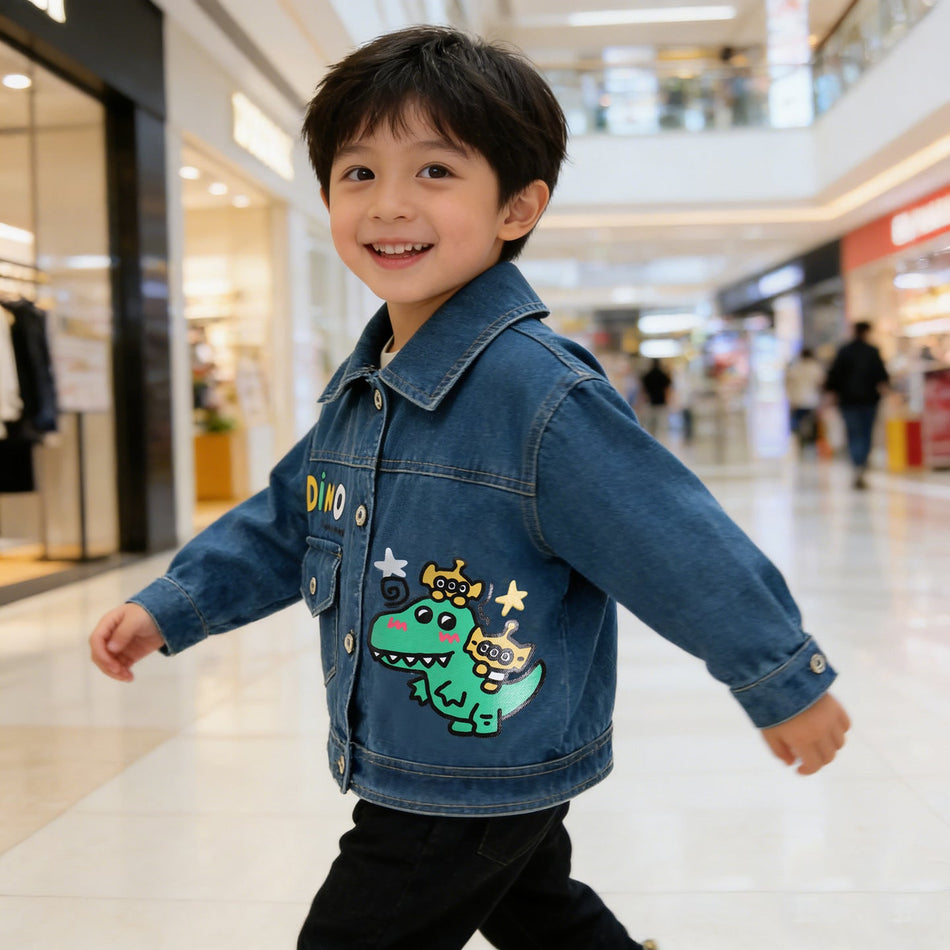 Boys' Dark Blue Dinosaur Print Denim Jacket