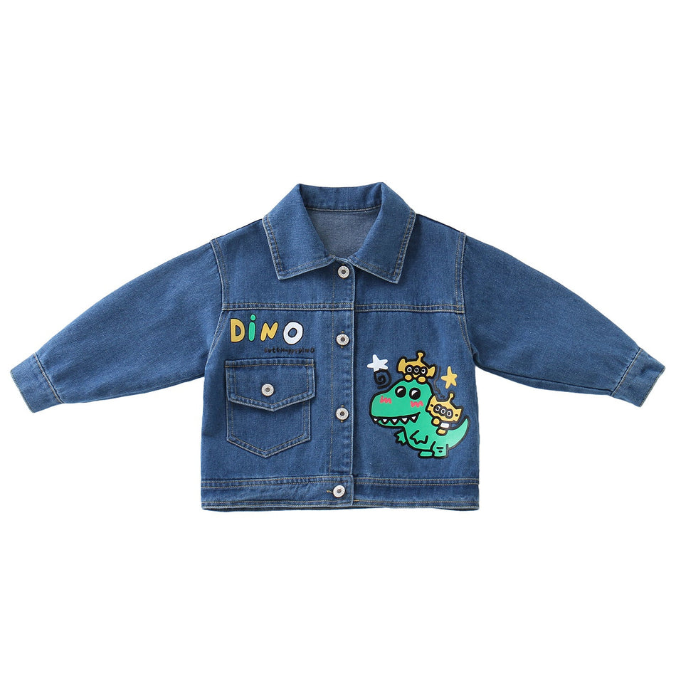 Boys' Dark Blue Dinosaur Print Denim Jacket
