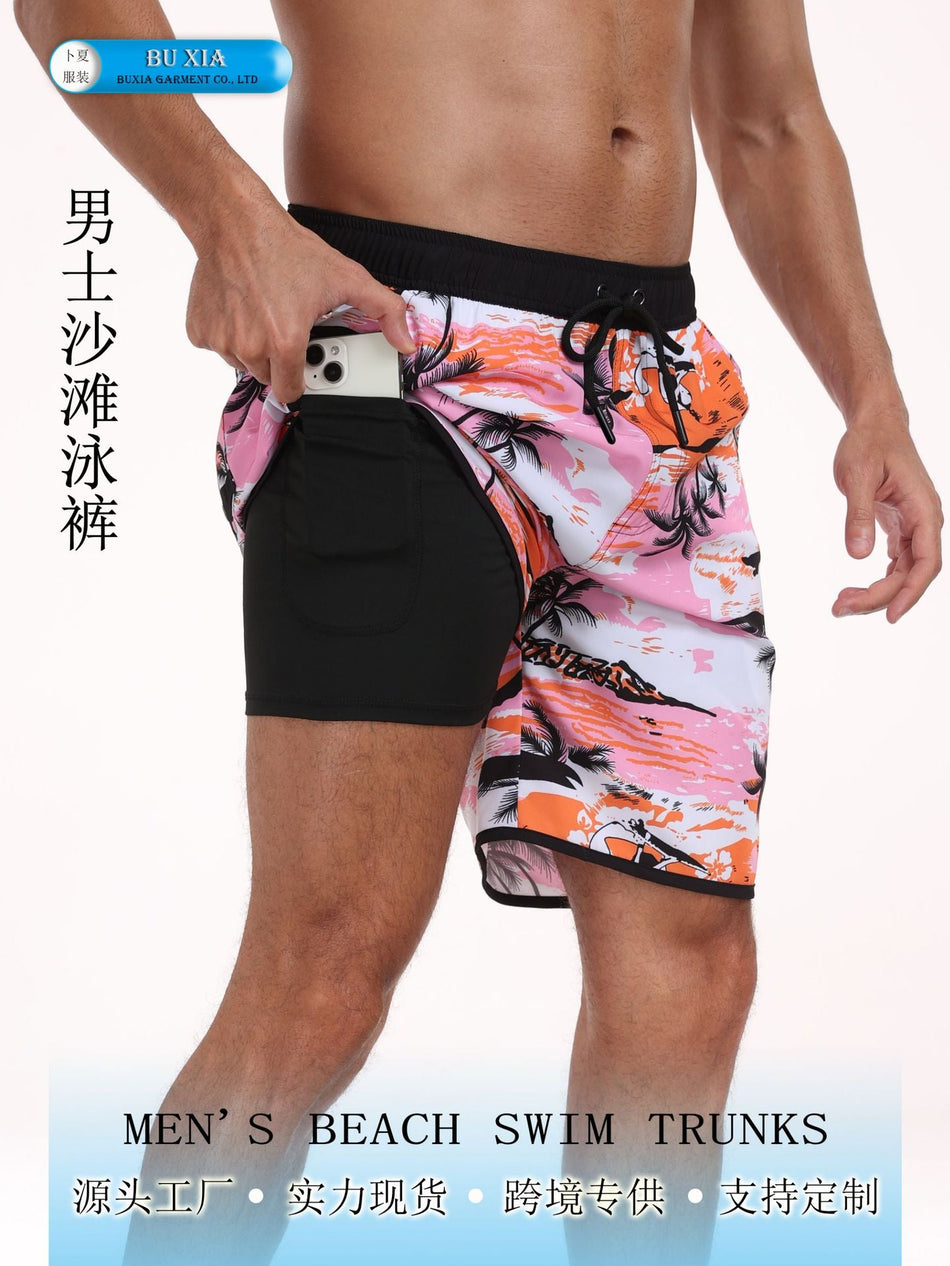 Men's Multi-Pocket Beach Shorts, Printed Quick-Dry Swim