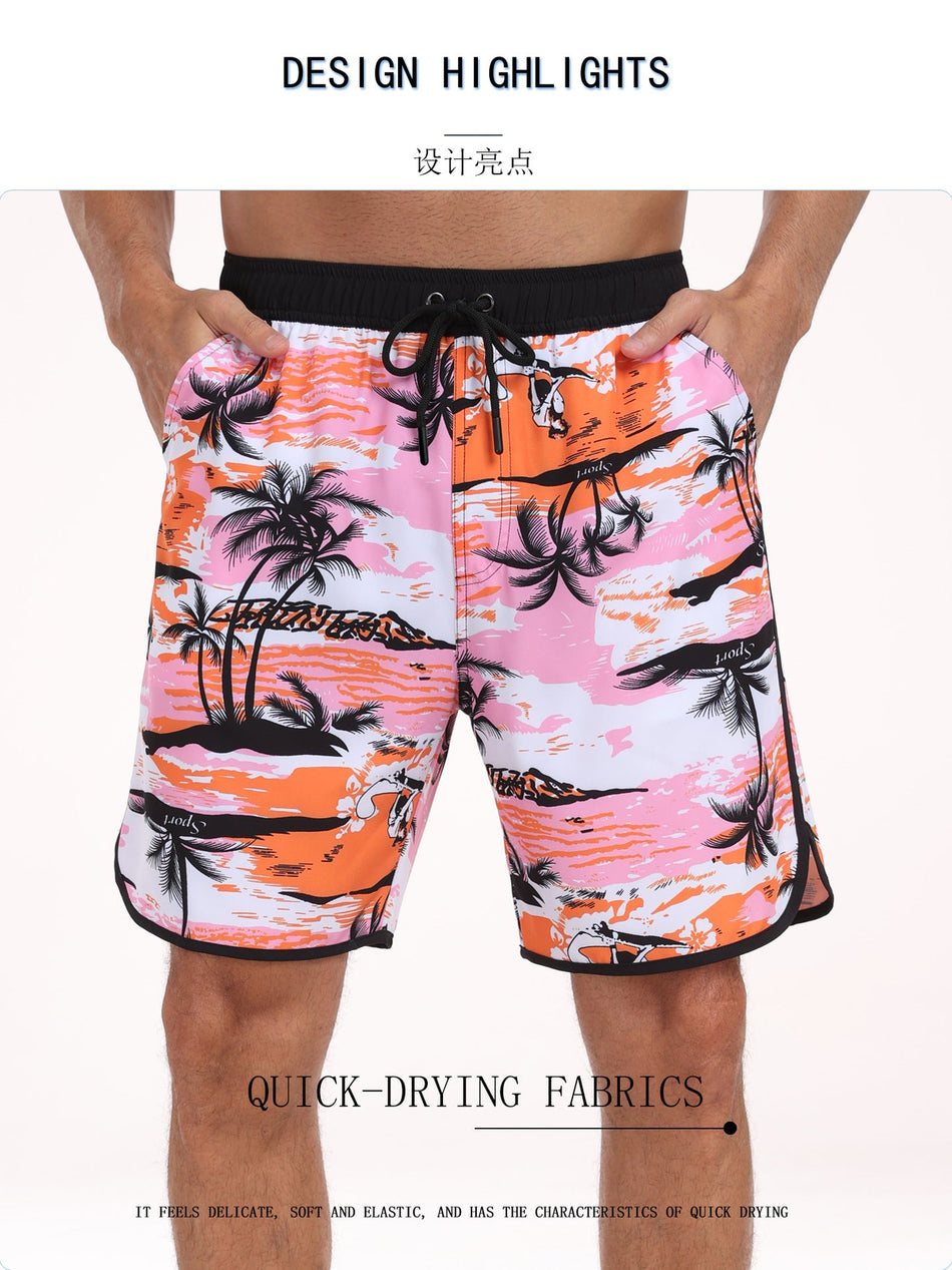 Men's Multi-Pocket Beach Shorts, Printed Quick-Dry Swim