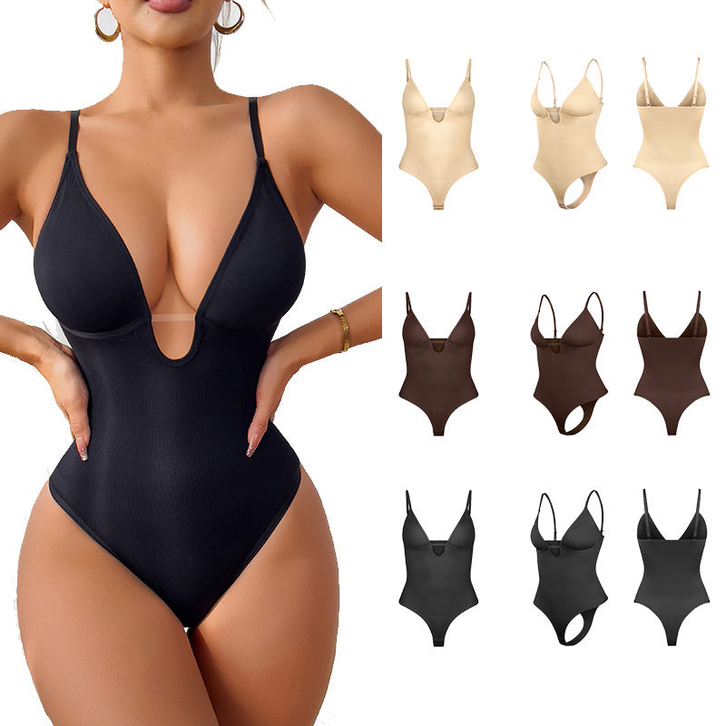 Seamless Deep V-Neck Tummy Control Bodysuit for Women