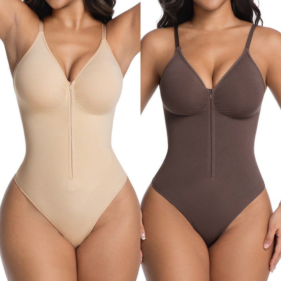 Seamless V-Neck Zipper Waist-Slimming Shapewear Bodysuit