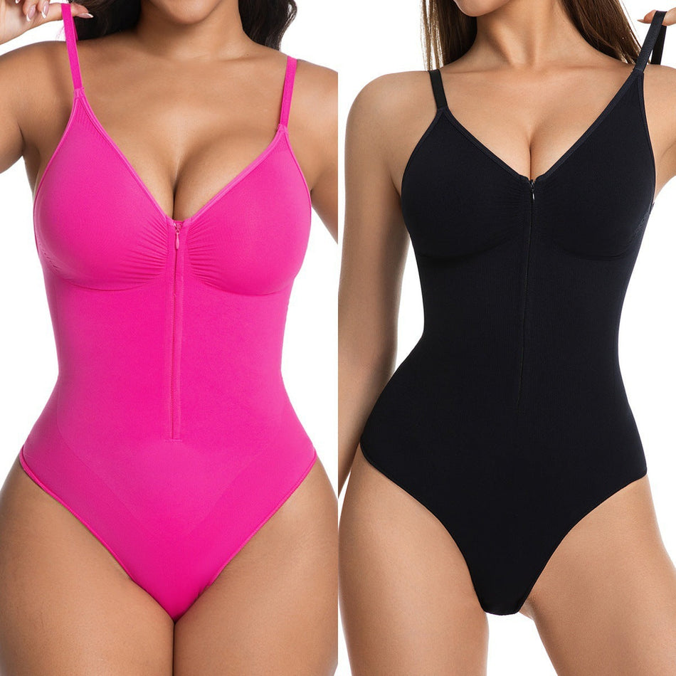 Seamless V-Neck Zipper Waist-Slimming Shapewear Bodysuit