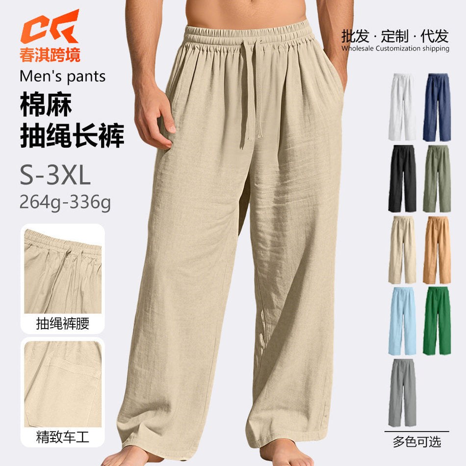 Men's Cotton Linen Straight Casual Pants, European American