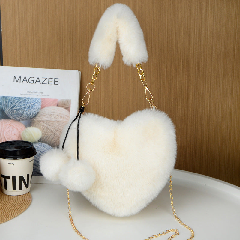 Women's Plush Heart-Shaped Shoulder Bag with Chain Strap