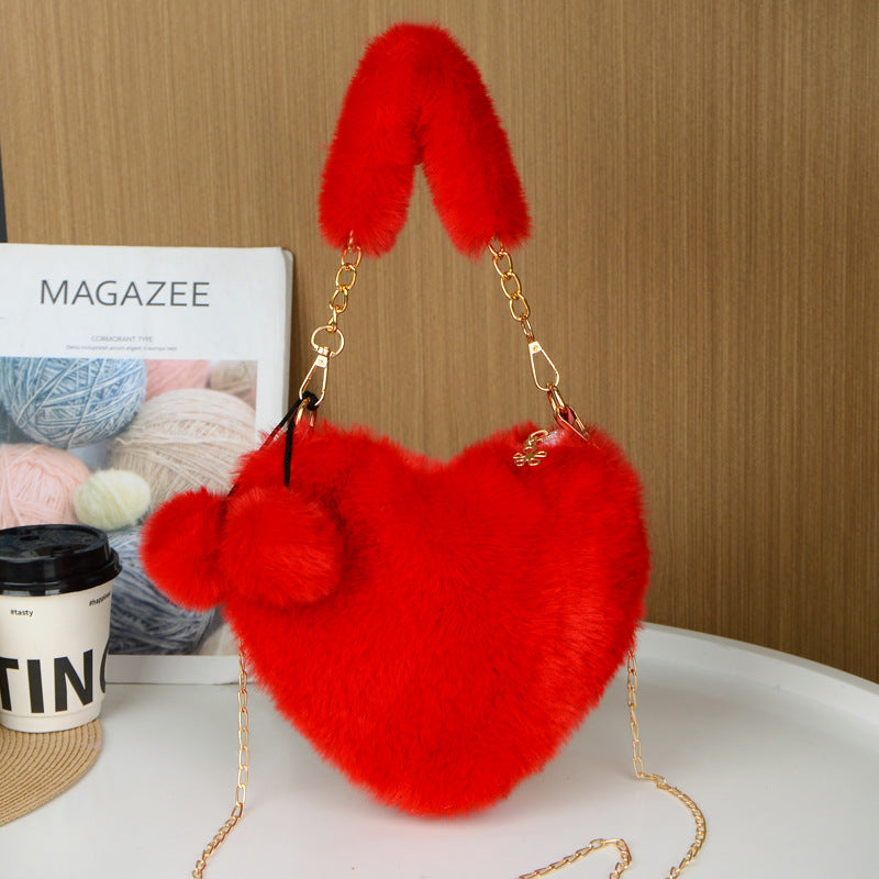 Women's Plush Heart-Shaped Shoulder Bag with Chain Strap