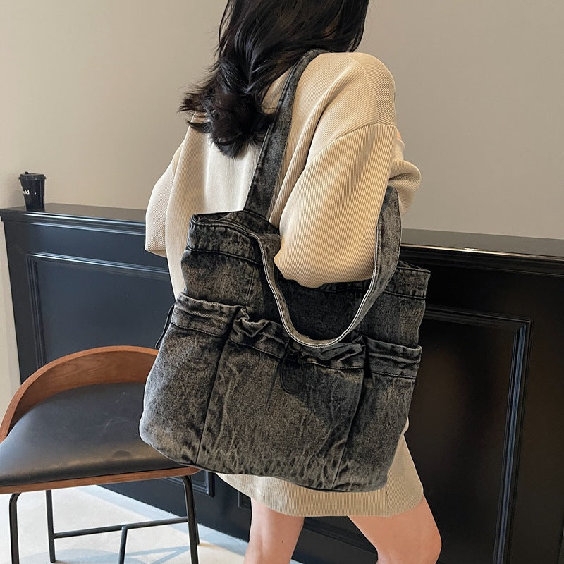 Women's Large Denim Crossbody Bag with Layered Storage
