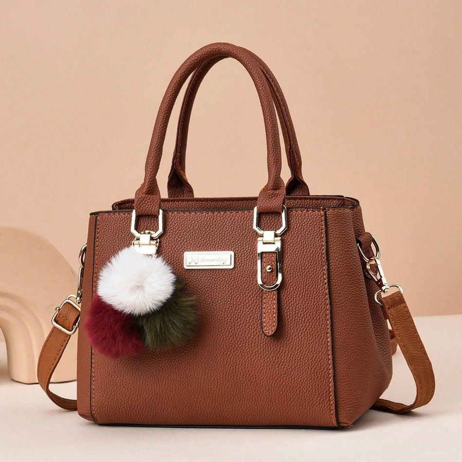 Women's PU Small Square Crossbody Bag with Pom-Pom Detail