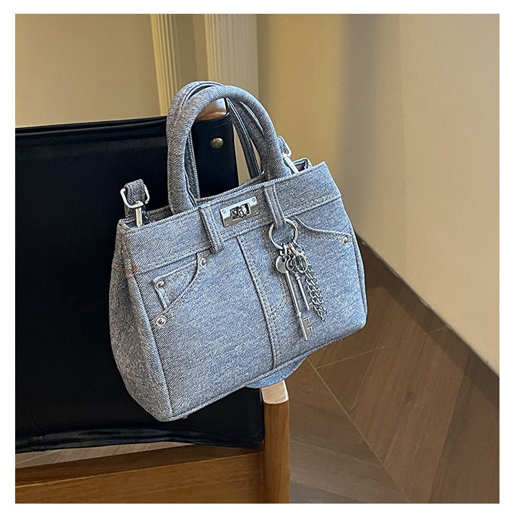 Women's Distressed Denim Shoulder Messenger Bag with Stitching