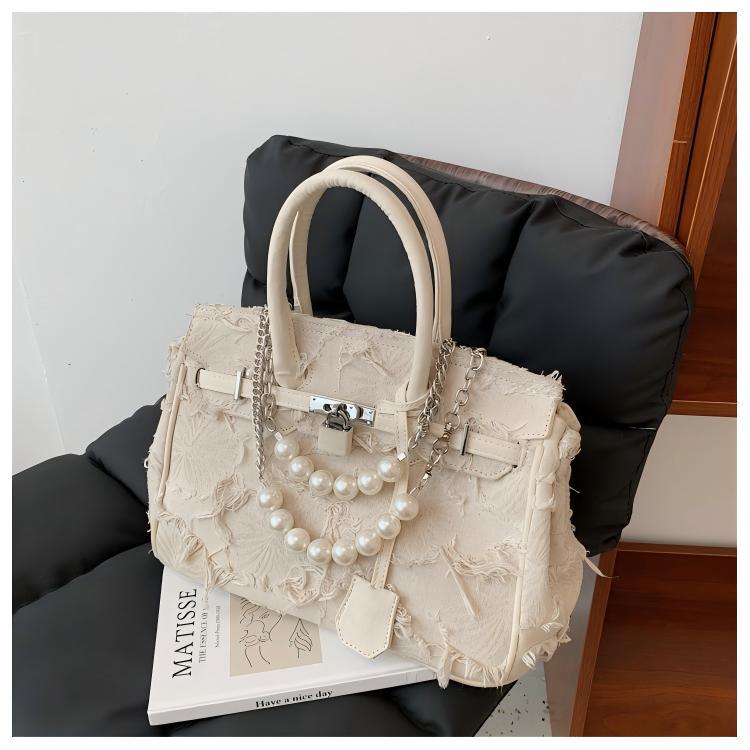 Women's Vintage Denim Handbag with Pearl Chain Detail
