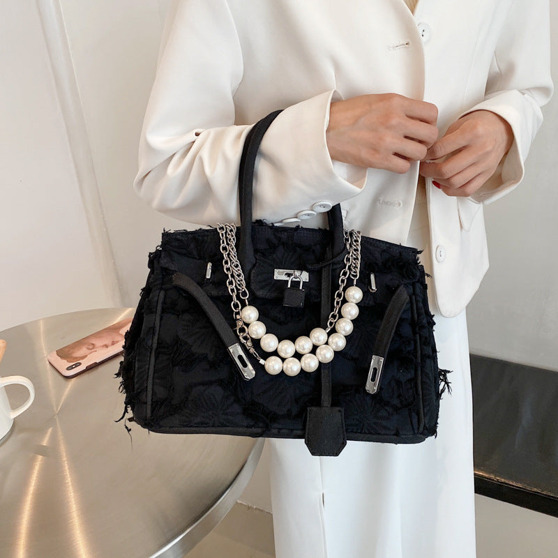 Women's Vintage Denim Handbag with Pearl Chain Detail