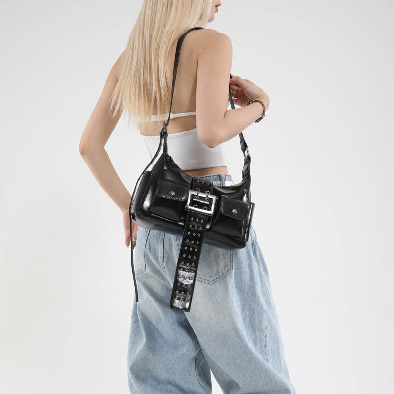 Women's Large PU Rivet Shoulder Crossbody Bag with Pockets