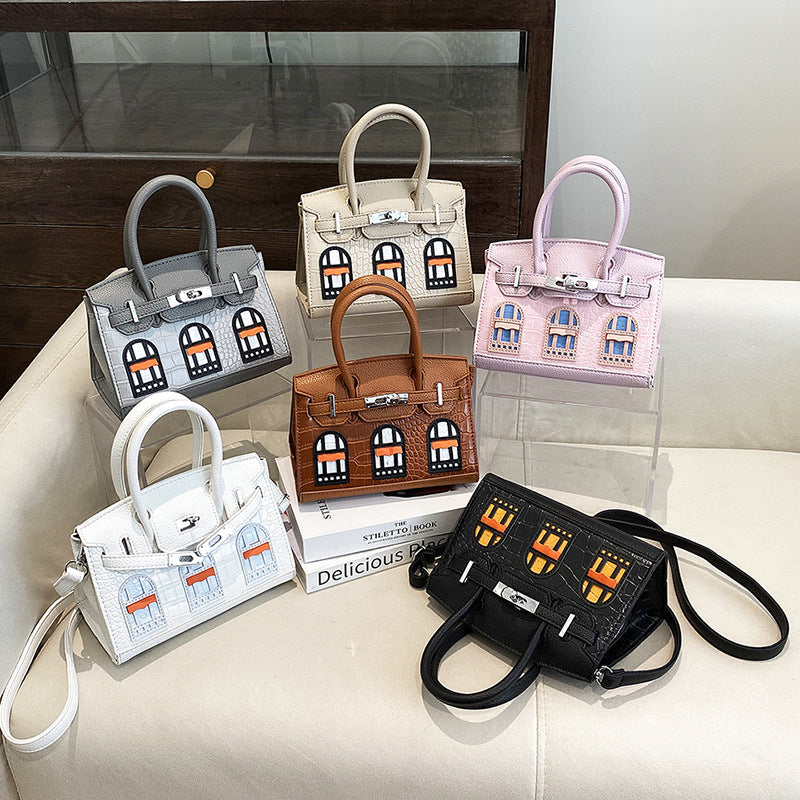 Women's Crocodile-Pattern PU Handbag with Contrast Stitching
