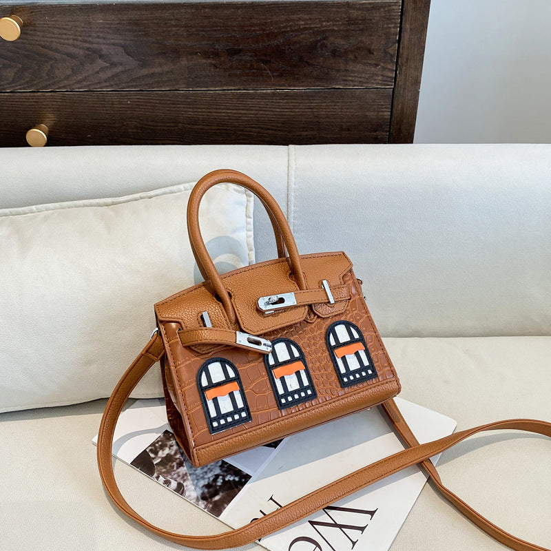 Women's Crocodile-Pattern PU Handbag with Contrast Stitching
