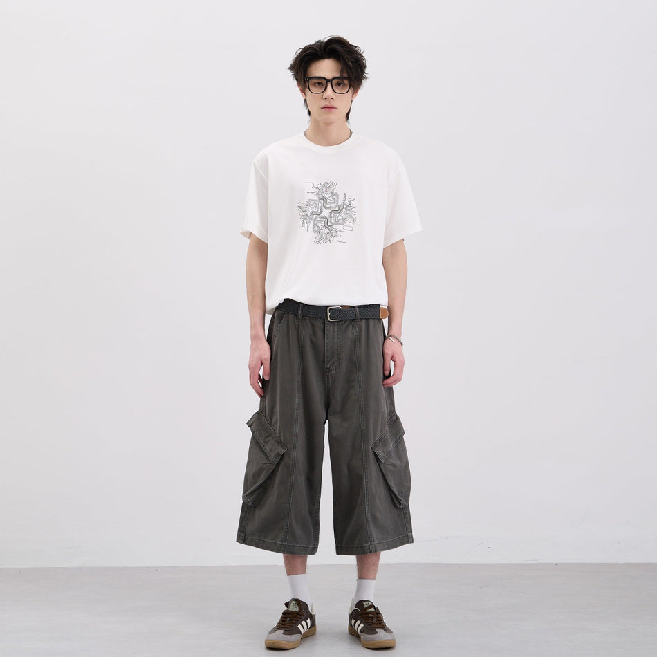 Neutral Cotton Cargo Cropped Pants, Multi-Pocket Wide-Leg