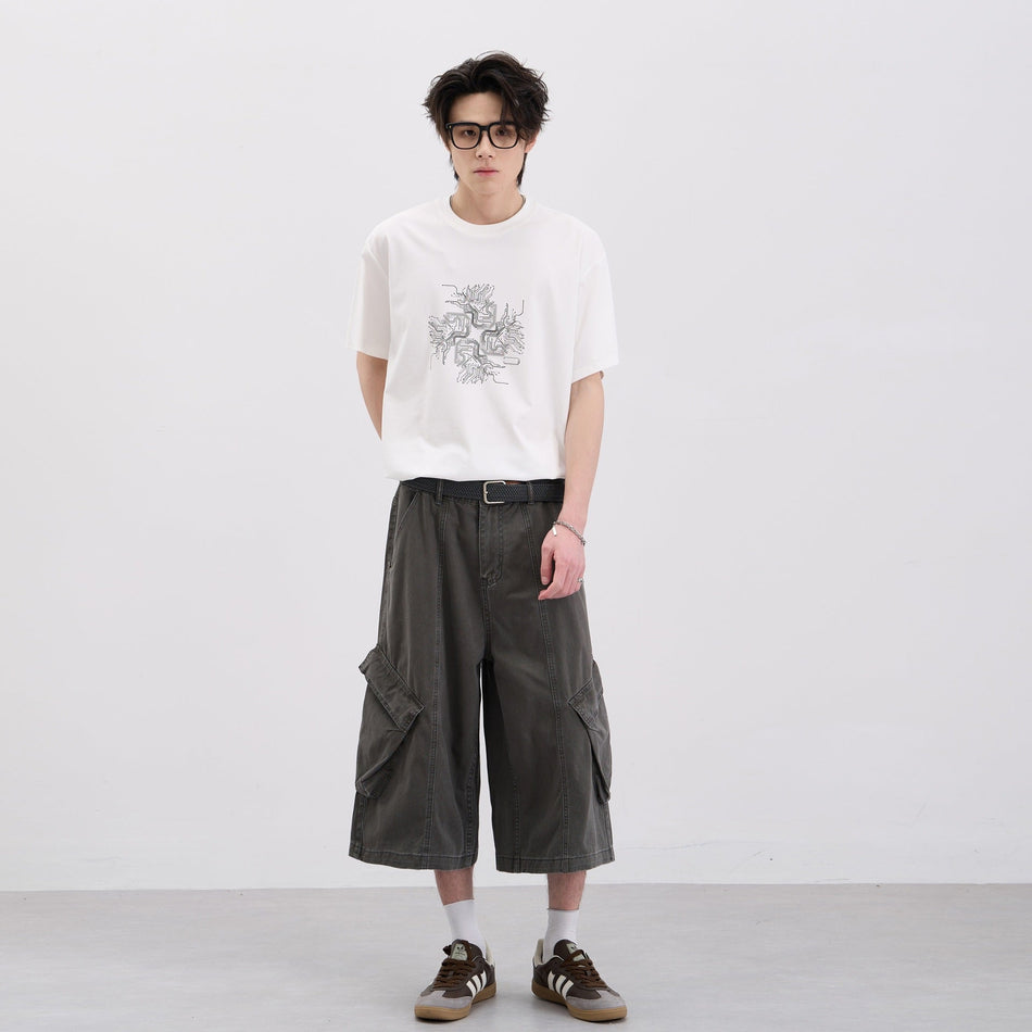 Neutral Cotton Cargo Cropped Pants, Multi-Pocket Wide-Leg