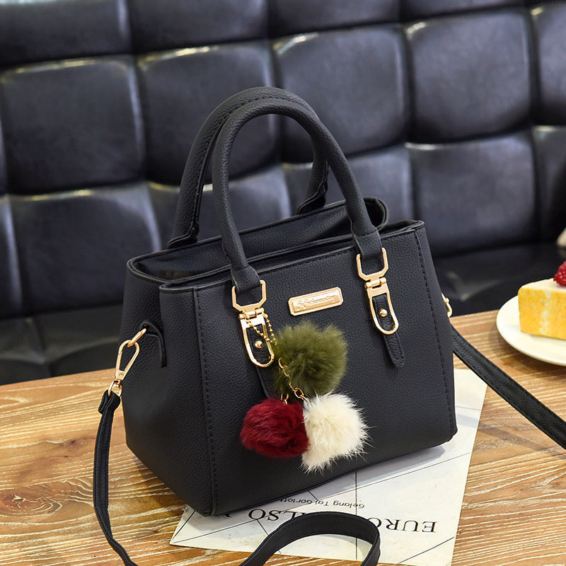 Women's Large PU Shoulder Bag with Double Fur Ball Detail