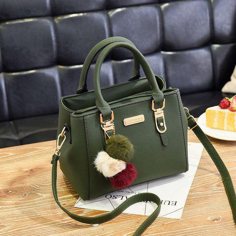 Women's Large PU Shoulder Bag with Double Fur Ball Detail