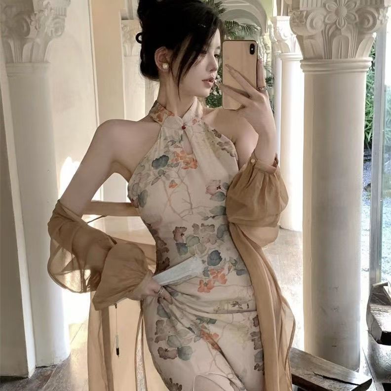 Women's Floral Halter Cheongsam-Inspired A-Line Dress
