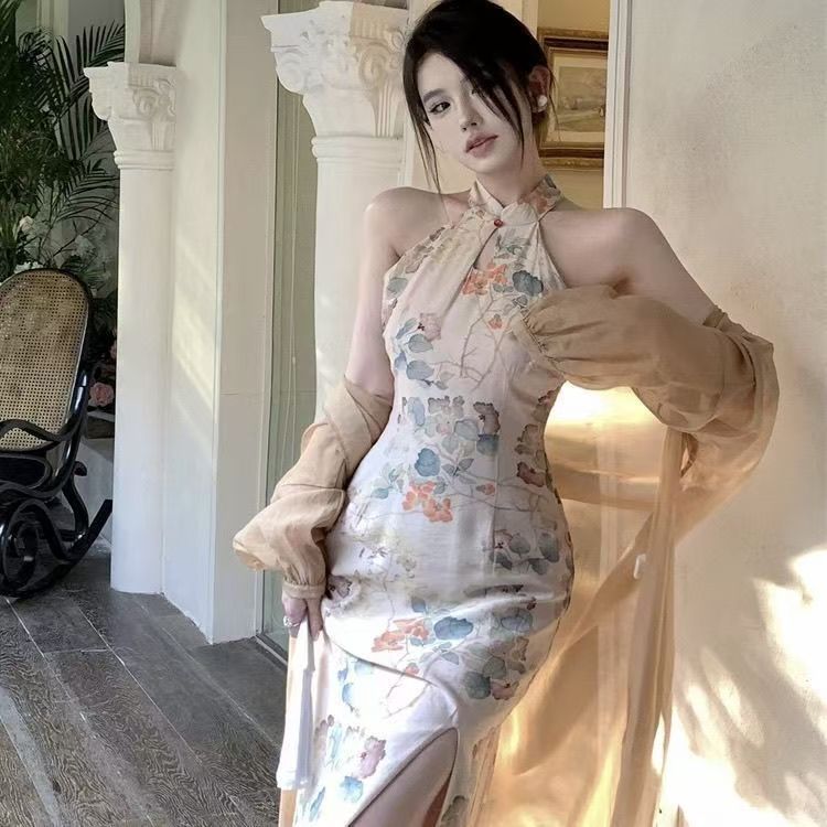 Women's Floral Halter Cheongsam-Inspired A-Line Dress