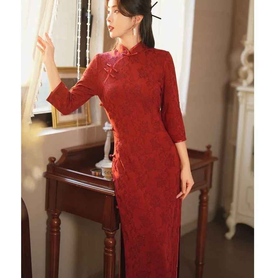 Women's Dark Floral Chinese-Inspired Long Sleeve Dress