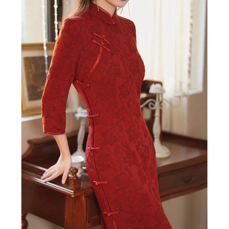 Women's Dark Floral Chinese-Inspired Long Sleeve Dress
