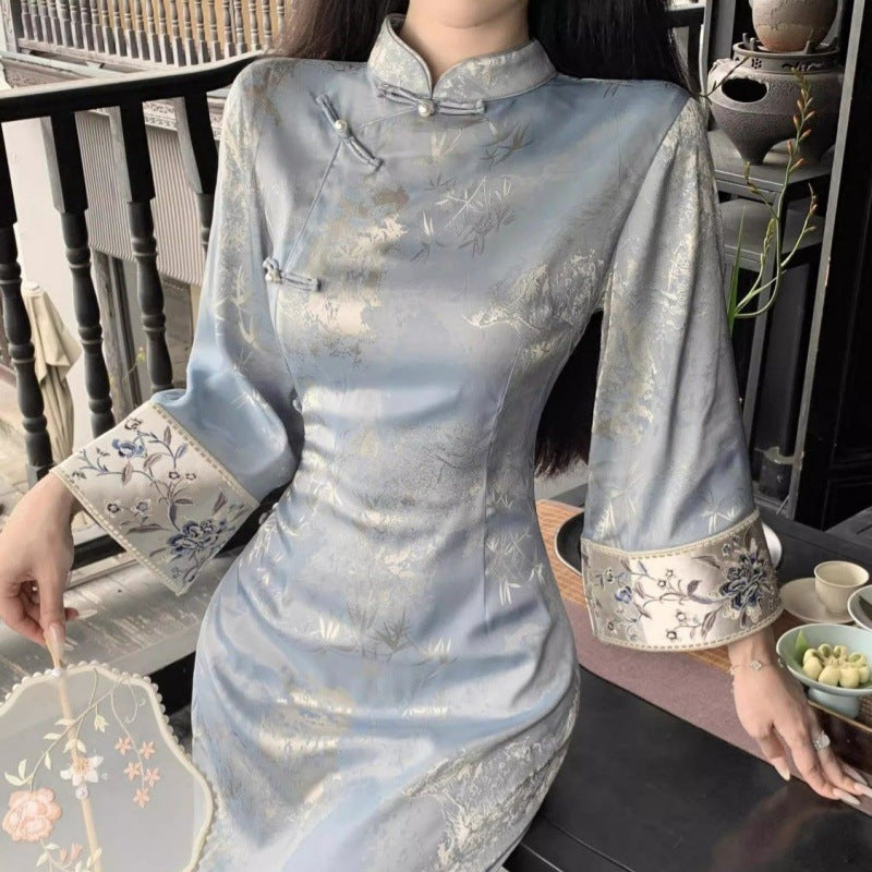 Women's Blue Printed Cheongsam Dress with Lace Sleeves