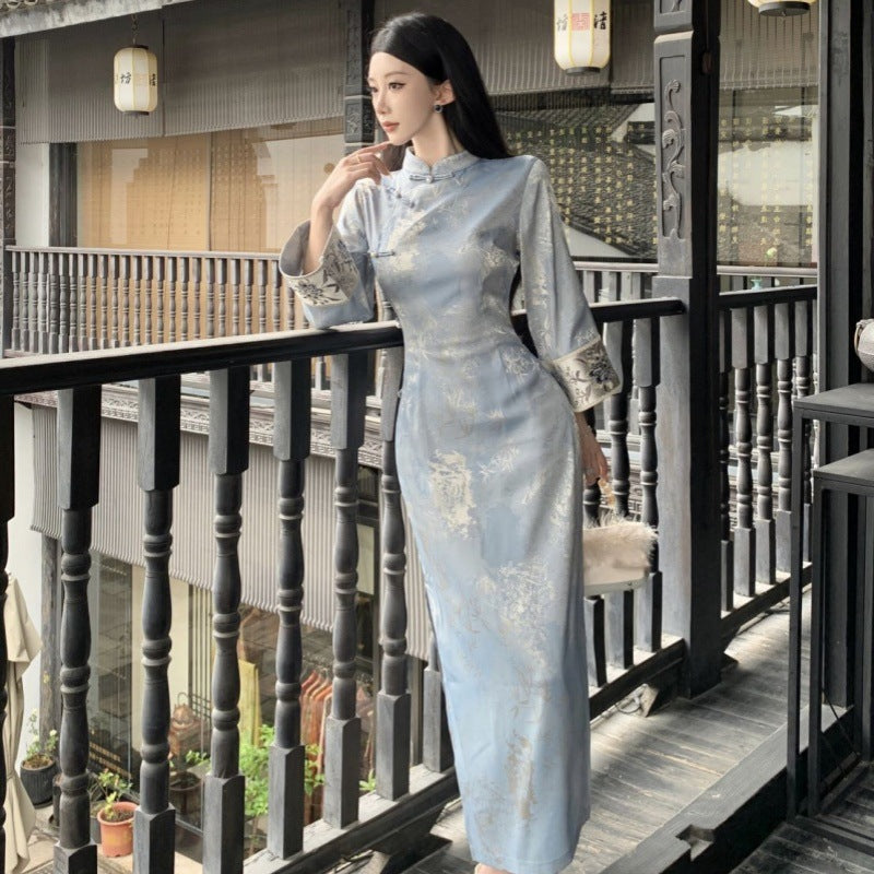 Women's Blue Printed Cheongsam Dress with Lace Sleeves