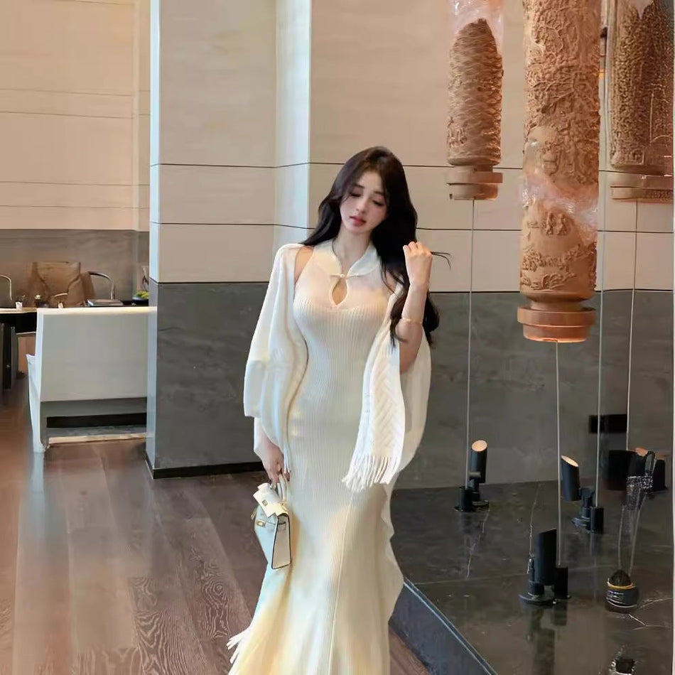 Women's Knitted Cheongsam Dress with Fishtail Skirt and Shawl