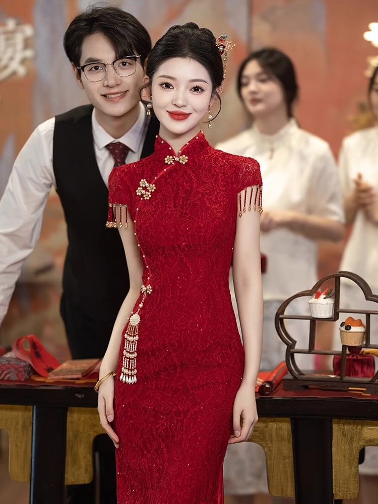 Women's Burgundy Lace Qipao Dress with Sequin Detailing