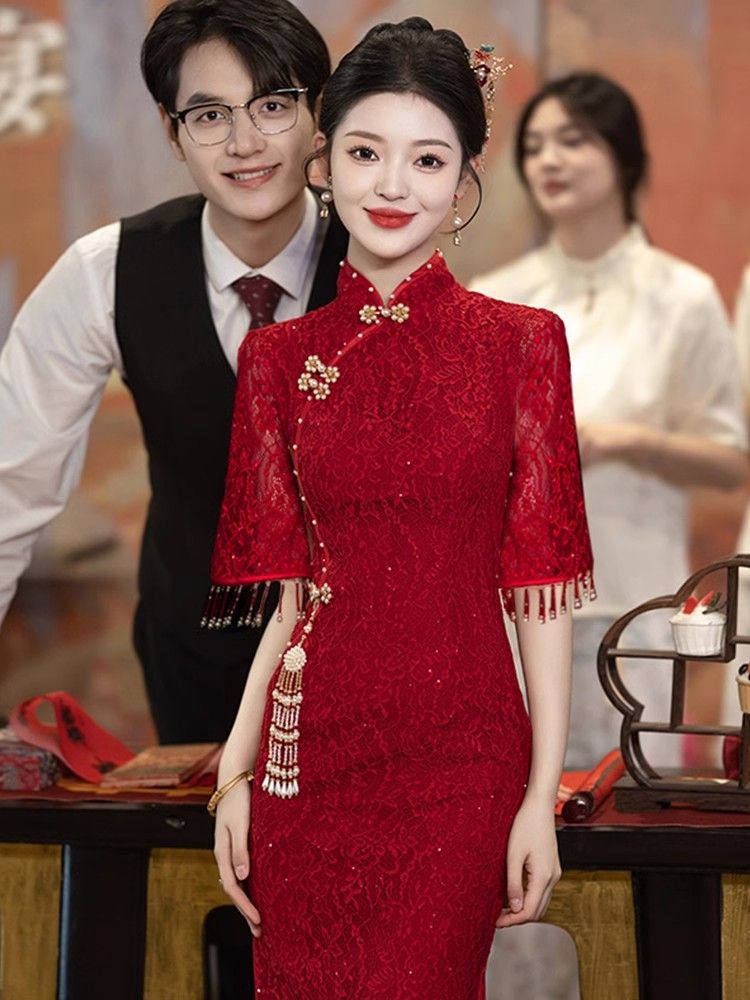 Women's Burgundy Lace Qipao Dress with Sequin Detailing