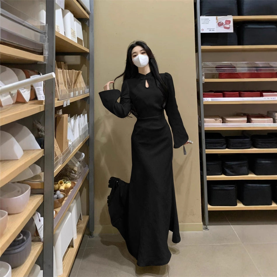 Women's Fishtail Cheongsam Dress with Bell Sleeves