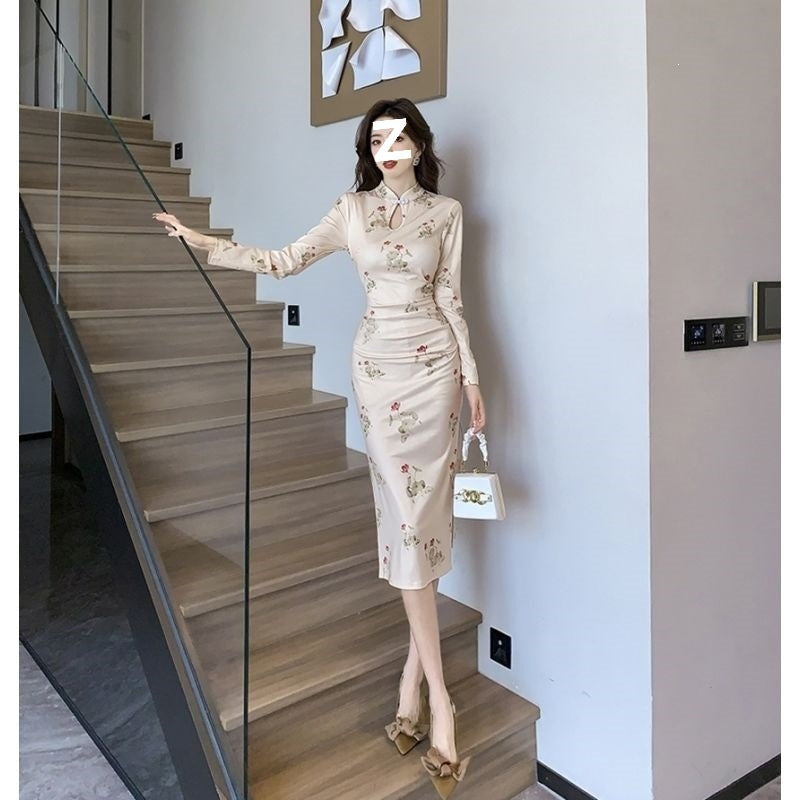 Women's Printed Slim-Fit Cheongsam Dress with Side Slit