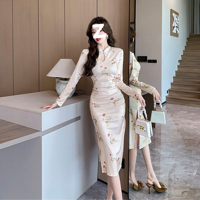 Women's Printed Slim-Fit Cheongsam Dress with Side Slit
