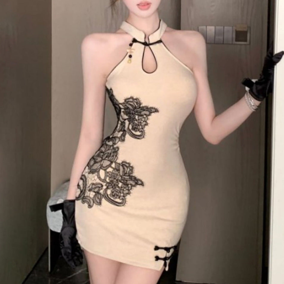 Women's Sleeveless Floral Cheongsam Dress with Slim Fit