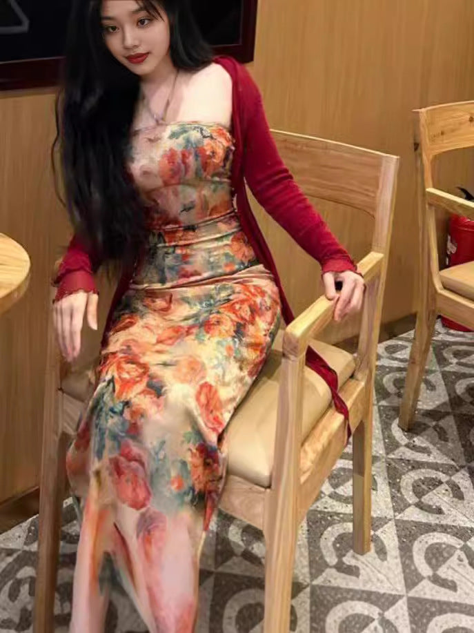 Women's Floral Cheongsam-Inspired Dress with Mesh Shawl