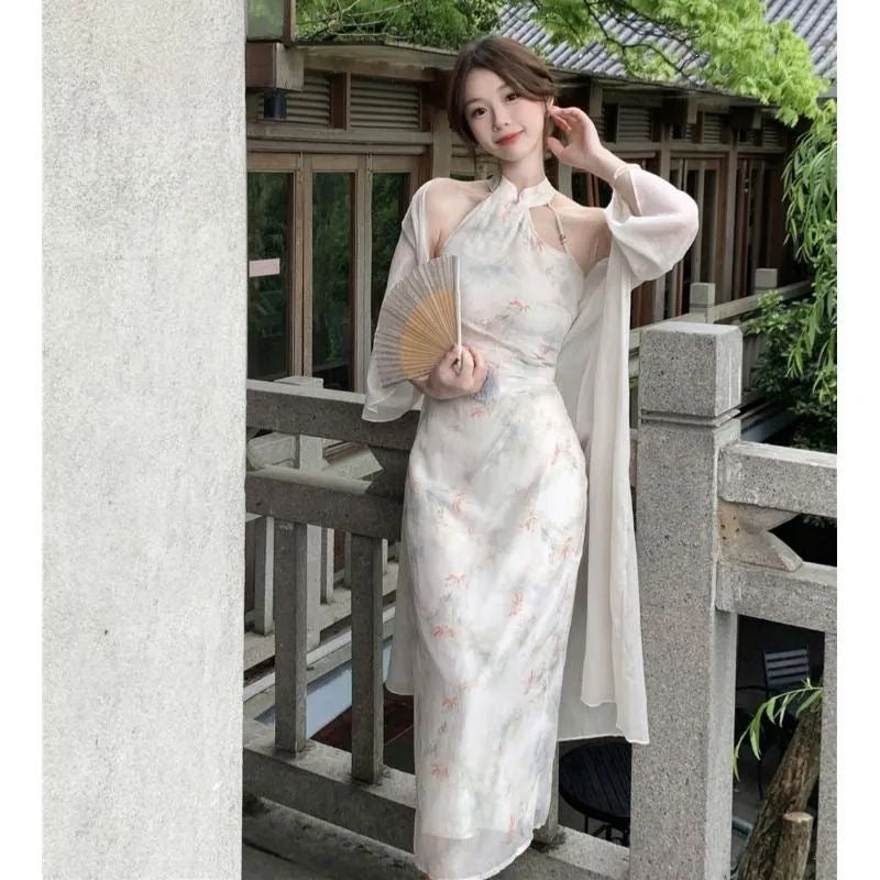 Women's Chinese-Inspired Halter A-Line Dress with Shawl