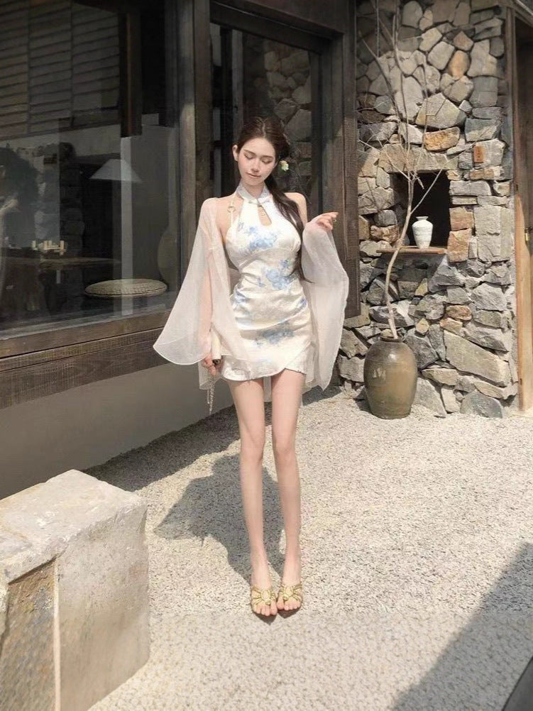 Women's Floral Cheongsam Dress with Sheer Shawl Cardigan