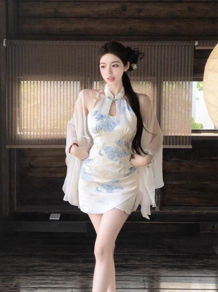 Women's Floral Cheongsam Dress with Sheer Shawl Cardigan
